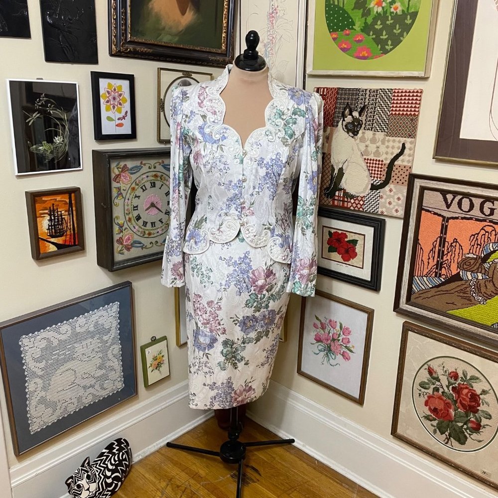 80s Vintage Scott McClintock Pastel Floral Brocade 2pc Skirt and Jacket Set 14